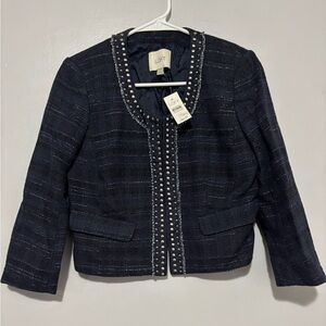 LOFT Dark Blue Tweed Jacket with Silver Studs